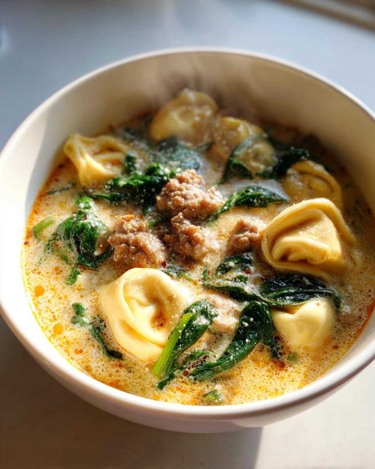 Close-up of a steaming bowl of creamy tortellini soup featuring cheese tortellini, crumbled sausage, and wilted spinach.
