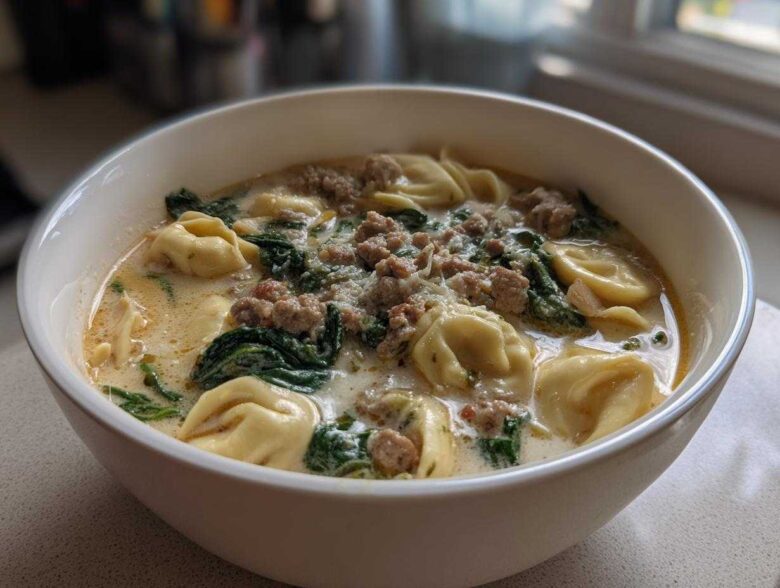 Close-up of a white bowl filled with creamy tortellini soup, featuring sausage crumbles and wilted spinach.
