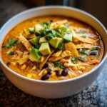 Close-up of a bowl of creamy tortilla soup recipe, topped with avocado cubes, tortilla strips, and cilantro.