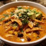 Close-up of a hearty bowl of creamy tortilla soup recipe, garnished with shredded cheese, avocado, and crispy tortilla strips.