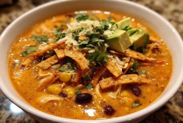 Close-up of a hearty bowl of creamy tortilla soup recipe, garnished with shredded cheese, avocado, and crispy tortilla strips.