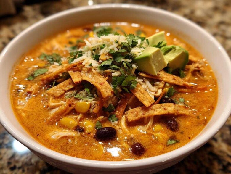 Close-up of a hearty bowl of creamy tortilla soup recipe, garnished with shredded cheese, avocado, and crispy tortilla strips.