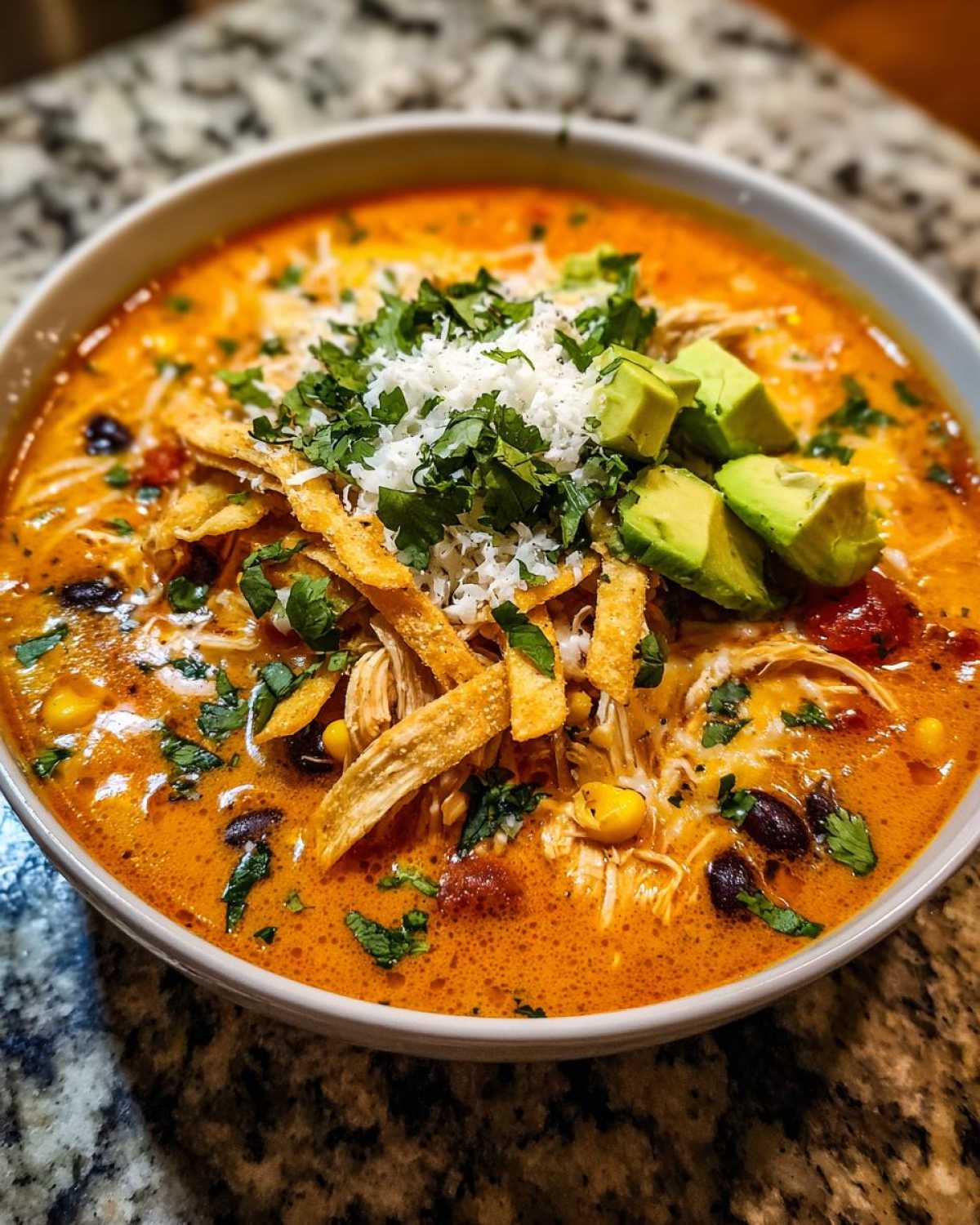 Close-up of a bowl of creamy, orange-hued tortilla soup recipe topped with shredded chicken, avocado, and tortilla strips.