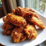 A pile of golden brown, seasoned, crispy air fryer chicken wings stacked on a white plate.