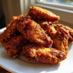 A pile of golden brown, crispy air fryer chicken wings stacked on a white plate near a window.