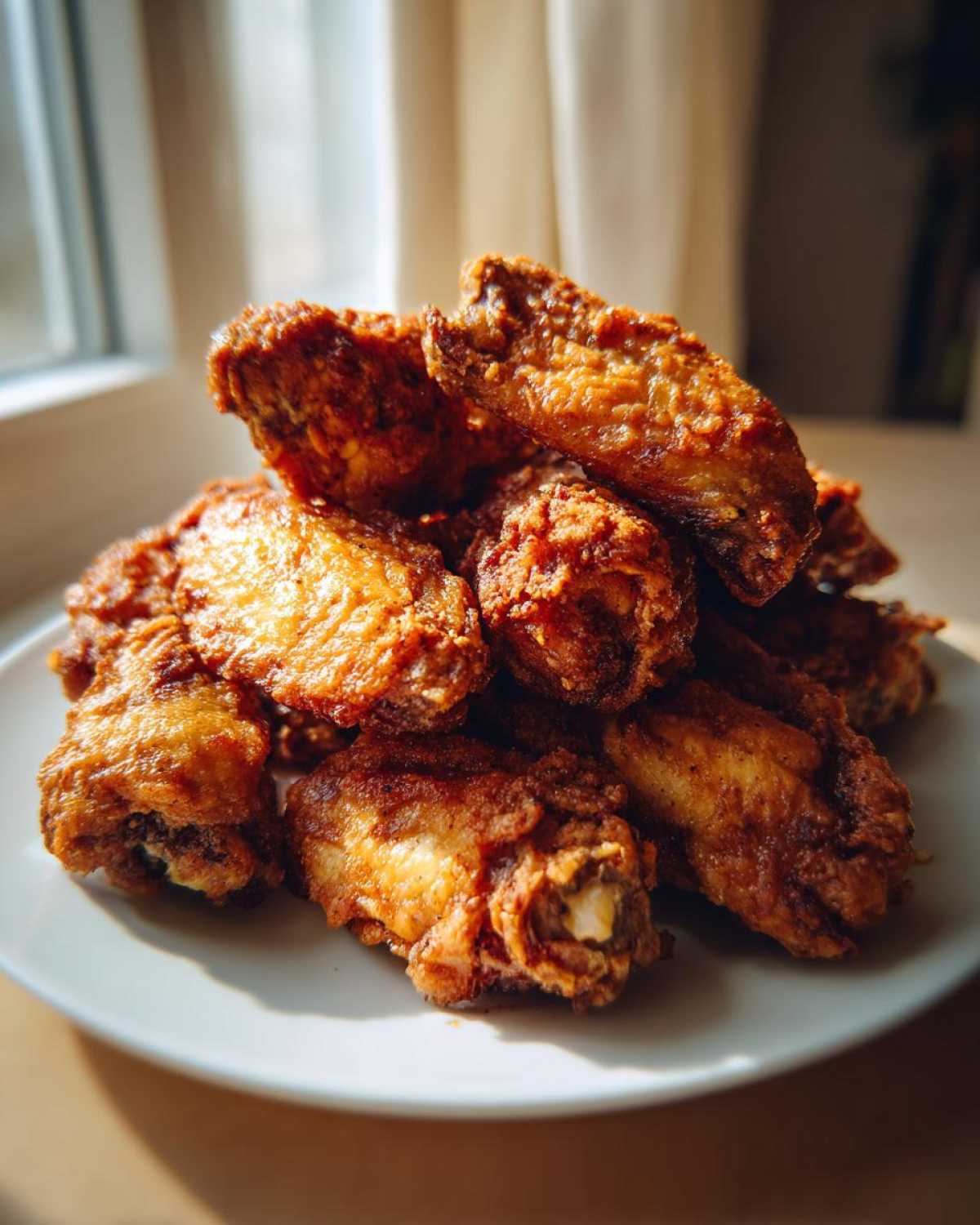A pile of golden brown, crispy air fryer chicken wings stacked high on a white plate near a window.