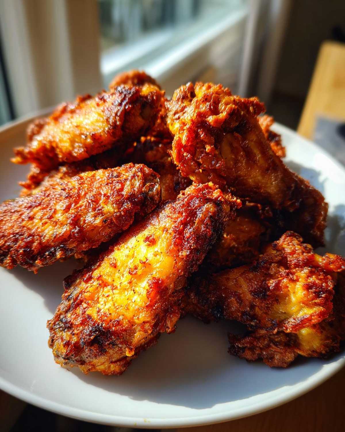 A close-up of a pile of golden brown, crispy air fryer chicken wings served on a white plate.