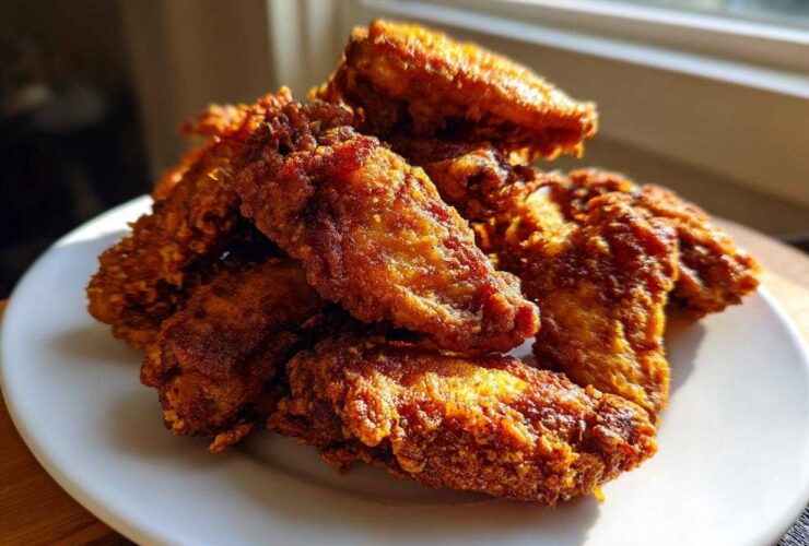 A pile of golden brown, crispy air fryer chicken wings stacked on a white plate near a window.
