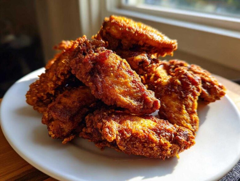 A pile of golden brown, crispy air fryer chicken wings stacked on a white plate near a window.