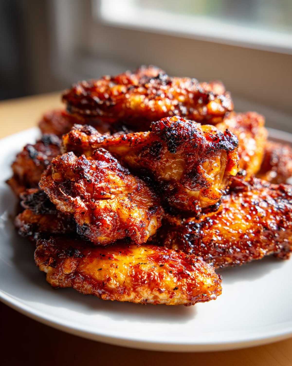 A close-up stack of incredibly crispy air fryer chicken wings with a dark, caramelized glaze.