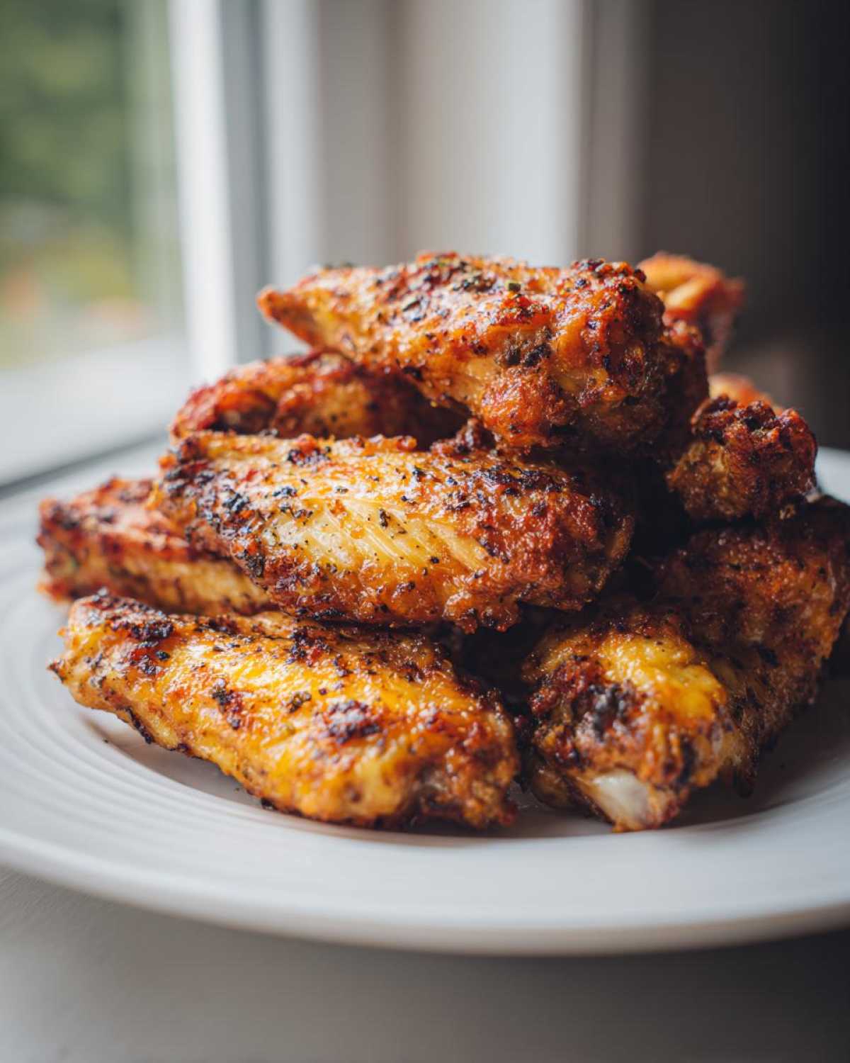 A close-up of a stack of golden brown, seasoned crispy air fryer chicken wings on a white plate.