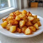 A generous serving of golden brown, crispy breakfast potatoes piled high on a white plate.