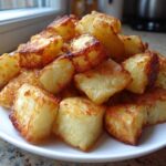 A close-up of golden brown, crispy breakfast potatoes piled high on a white plate.