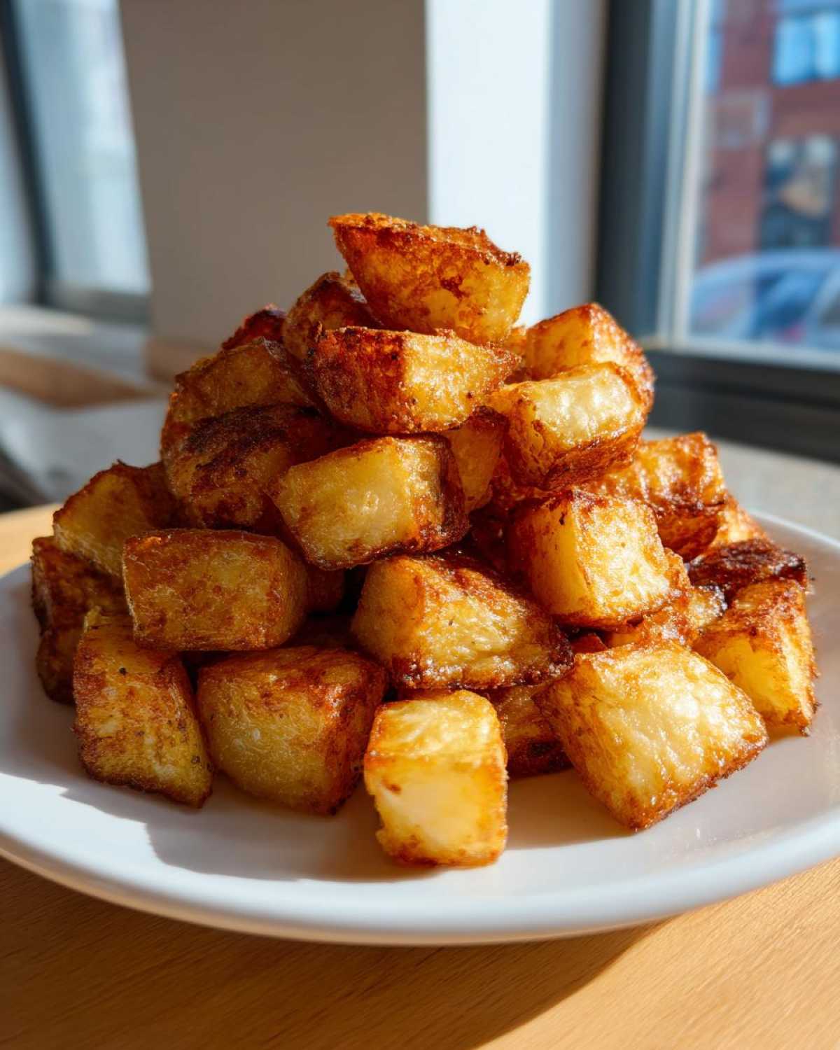 A mound of golden brown, cubed breakfast potatoes piled high on a white plate.