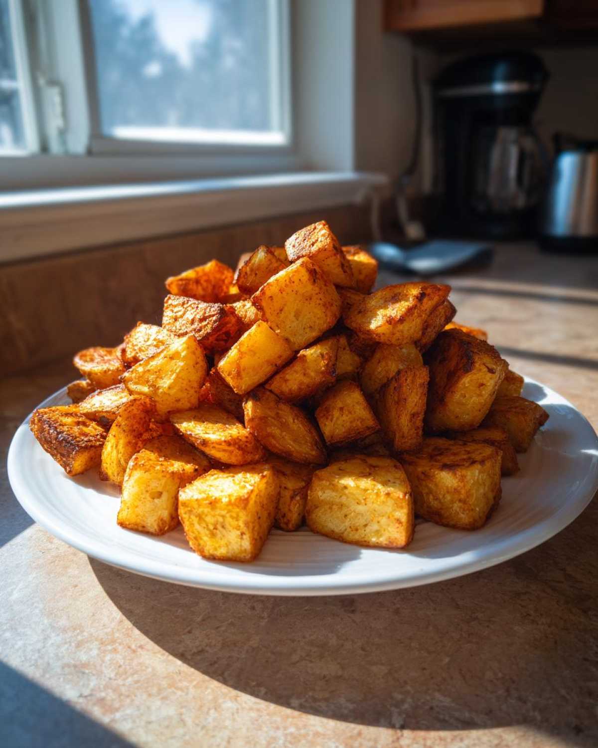A large pile of perfectly golden and crispy breakfast potatoes stacked high on a white plate in bright sunlight.