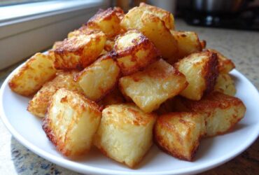 A close-up of golden brown, crispy breakfast potatoes piled high on a white plate.