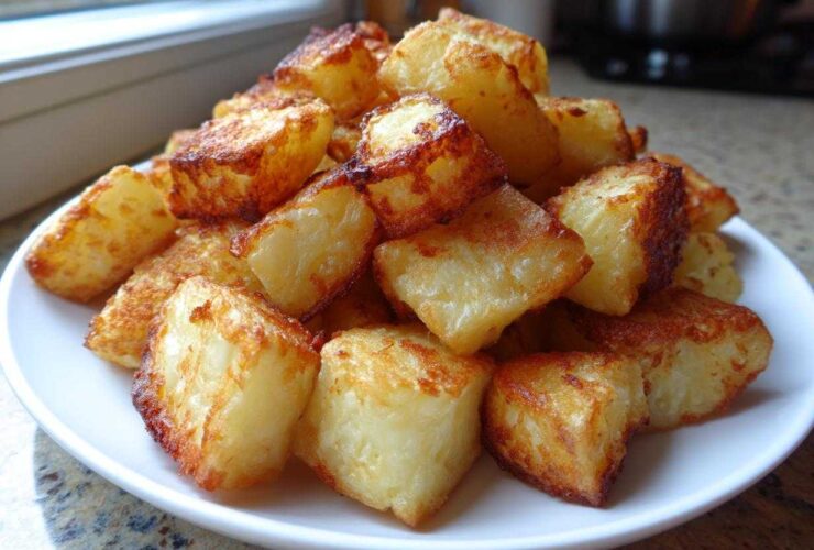 A close-up of golden brown, crispy breakfast potatoes piled high on a white plate.