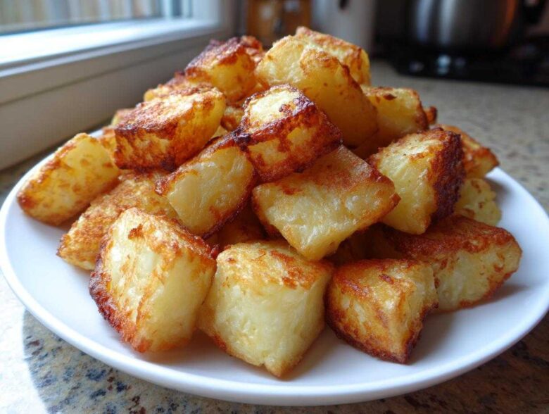 A close-up of golden brown, crispy breakfast potatoes piled high on a white plate.