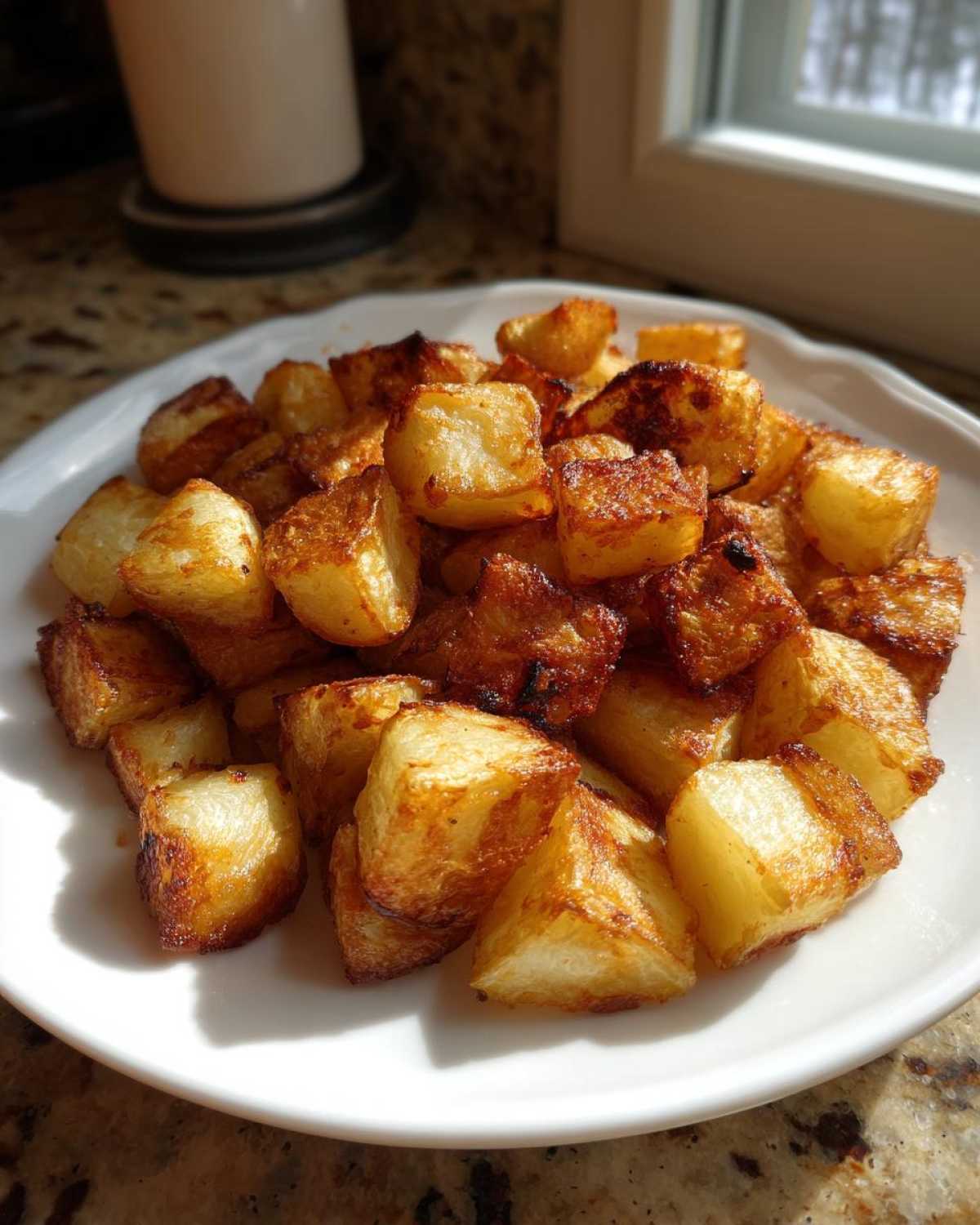A white plate piled high with golden brown, crispy breakfast potatoes, perfectly cooked.