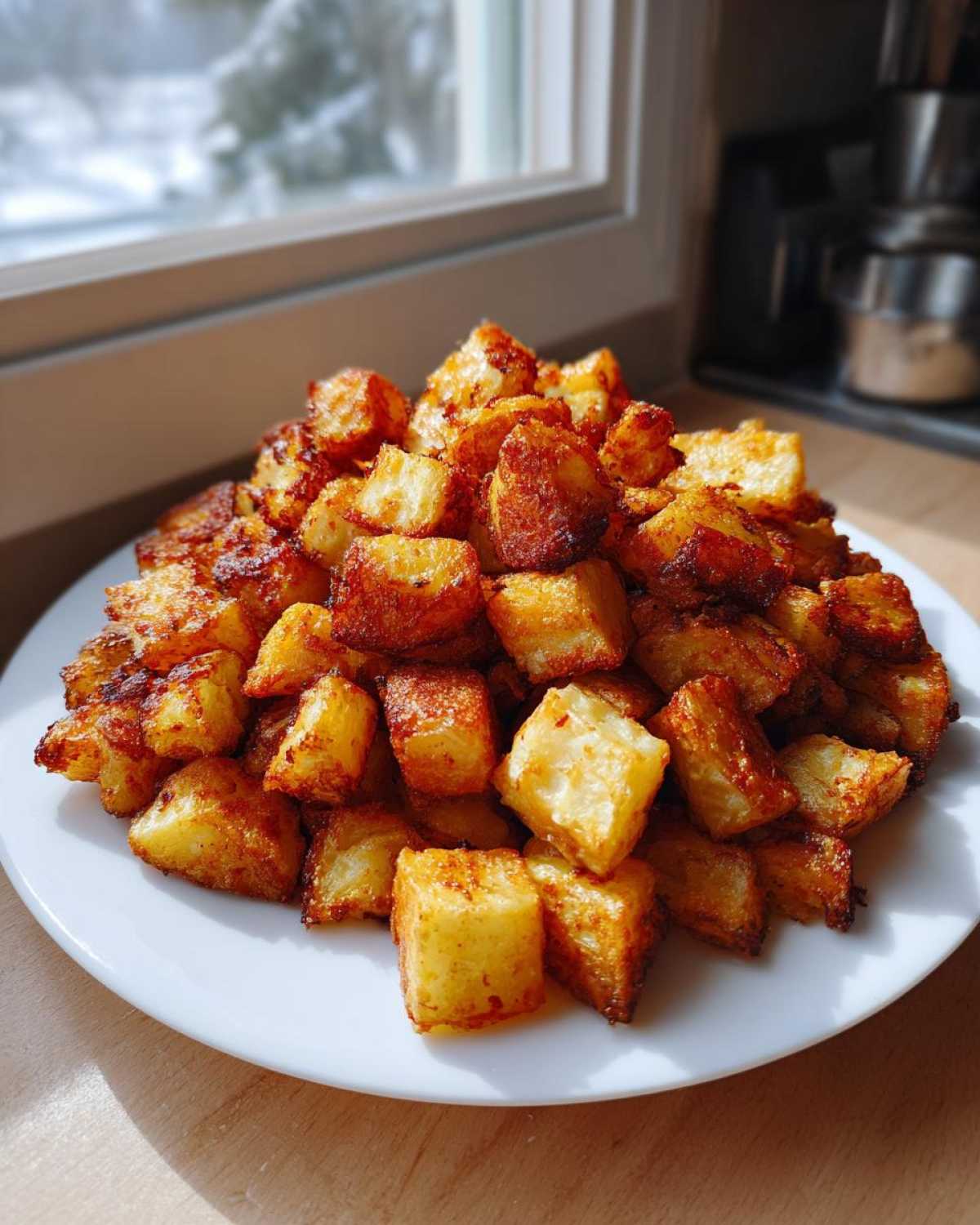 A large mound of golden brown, crispy breakfast potatoes piled high on a white plate near a window.
