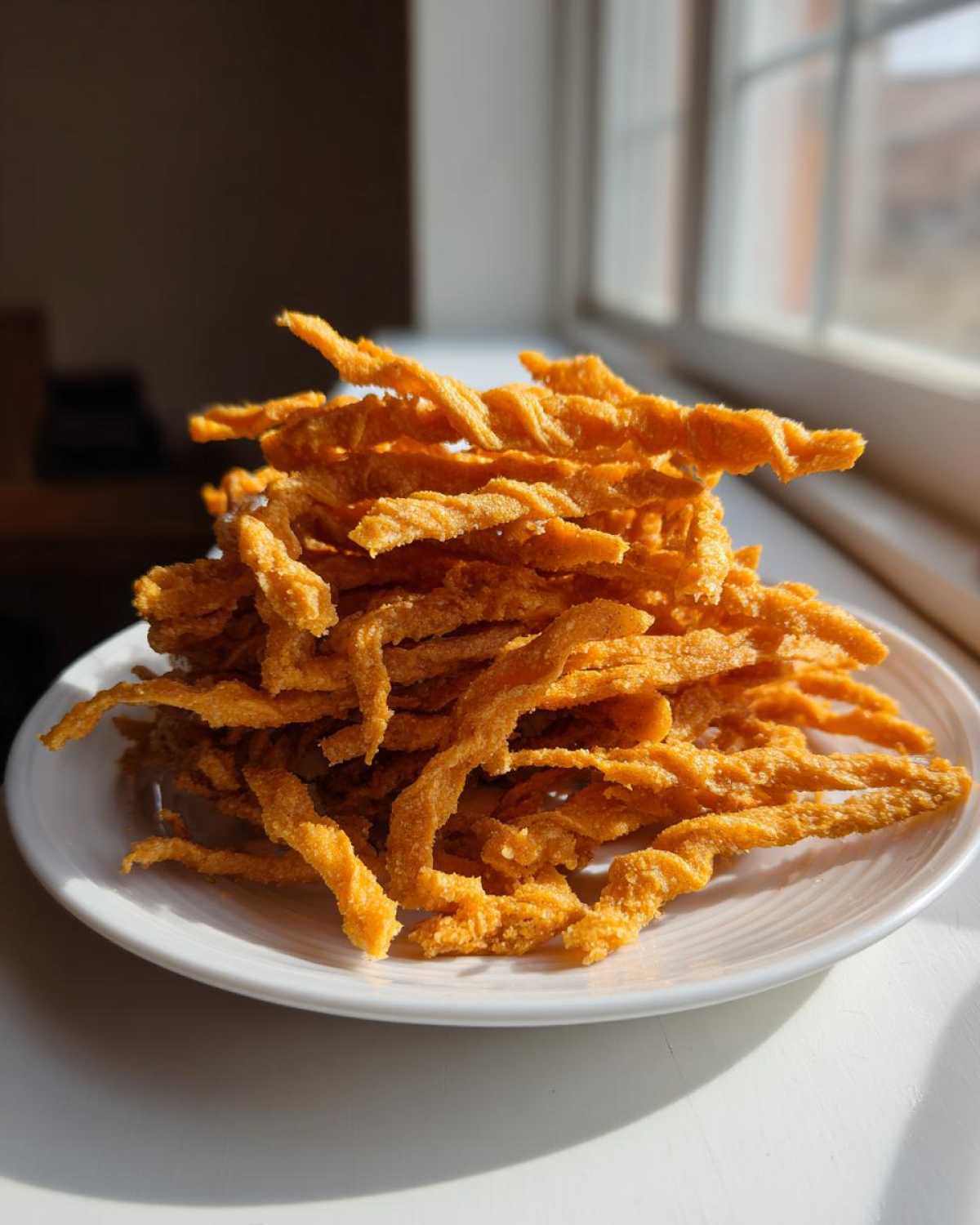 A tall stack of freshly baked, golden-orange cheese straws piled high on a white plate, backlit by a window.