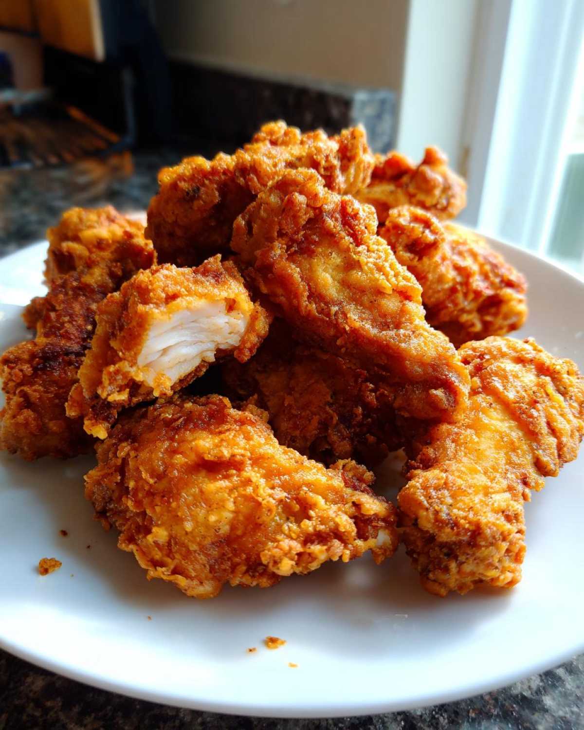 Close-up of golden brown, crispy fried chicken wings piled on a white plate, one piece broken open showing white meat.