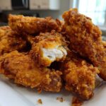 A pile of golden brown, crispy fried chicken wings stacked on a white platter, one piece broken open showing white meat.