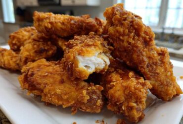 A pile of golden brown, crispy fried chicken wings stacked on a white platter, one piece broken open showing white meat.