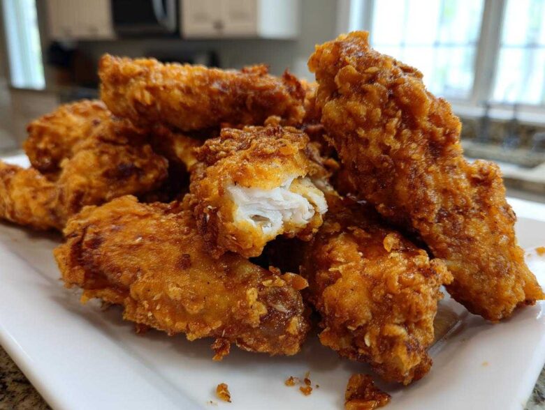 A pile of golden brown, crispy fried chicken wings stacked on a white platter, one piece broken open showing white meat.