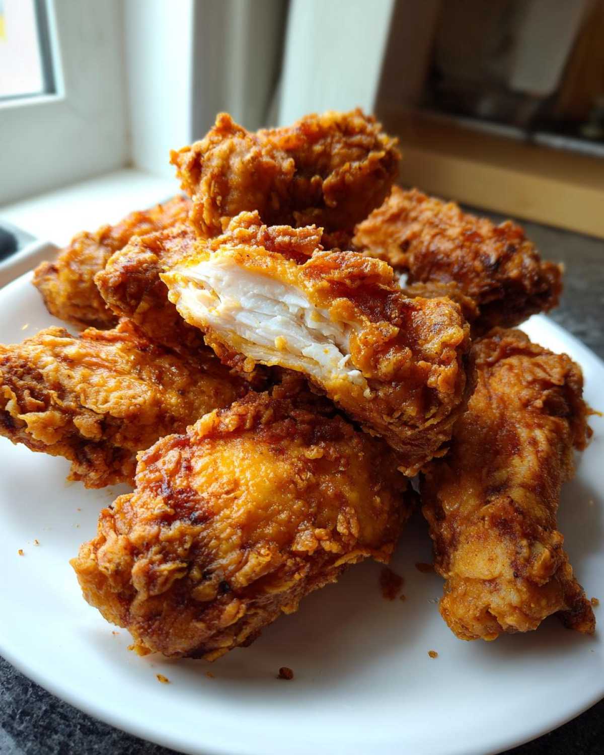 A pile of golden brown, crispy fried chicken wings on a white plate, one wing is broken open showing juicy white meat.