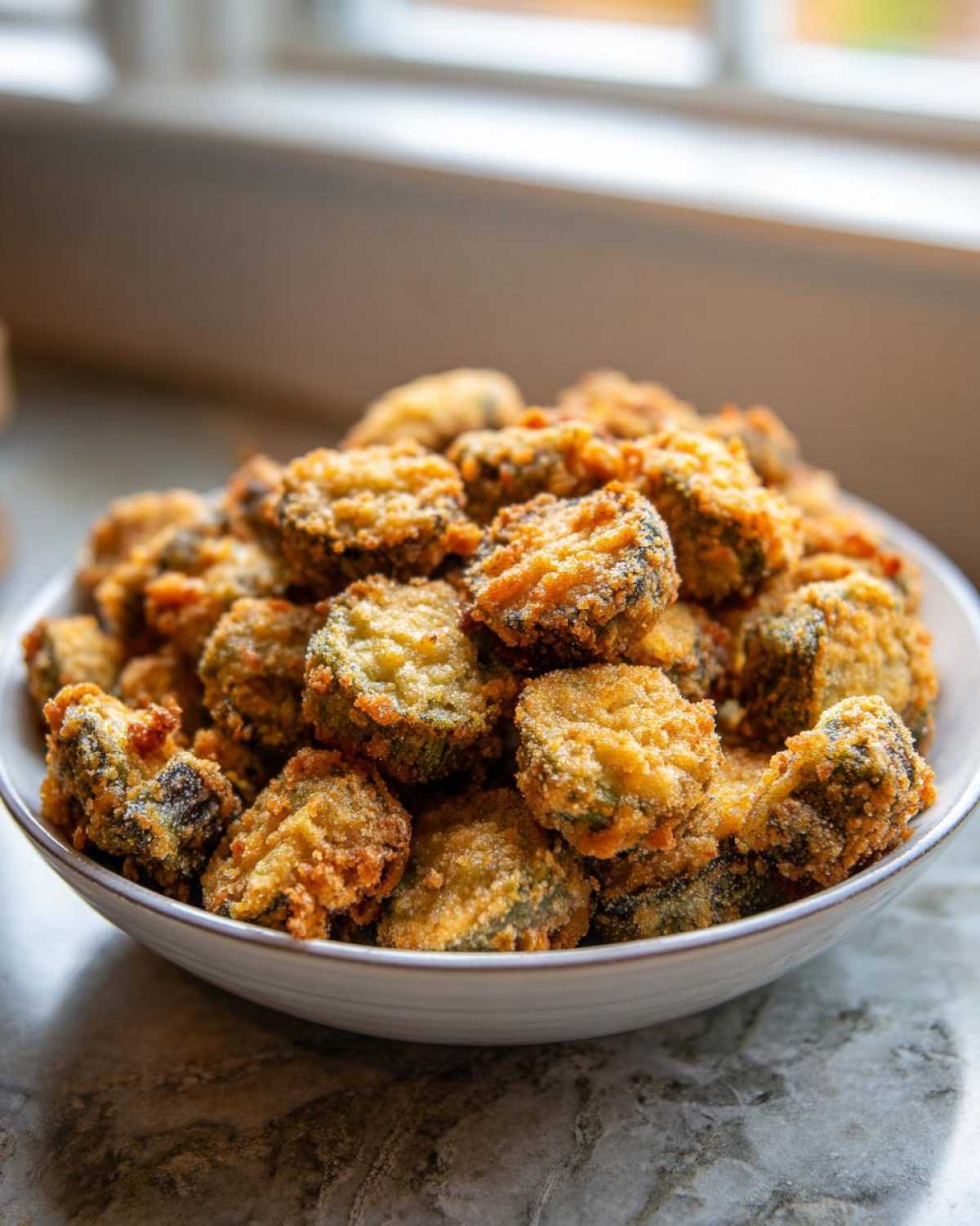 A close-up of a bowl overflowing with golden brown, crispy fried okra slices.