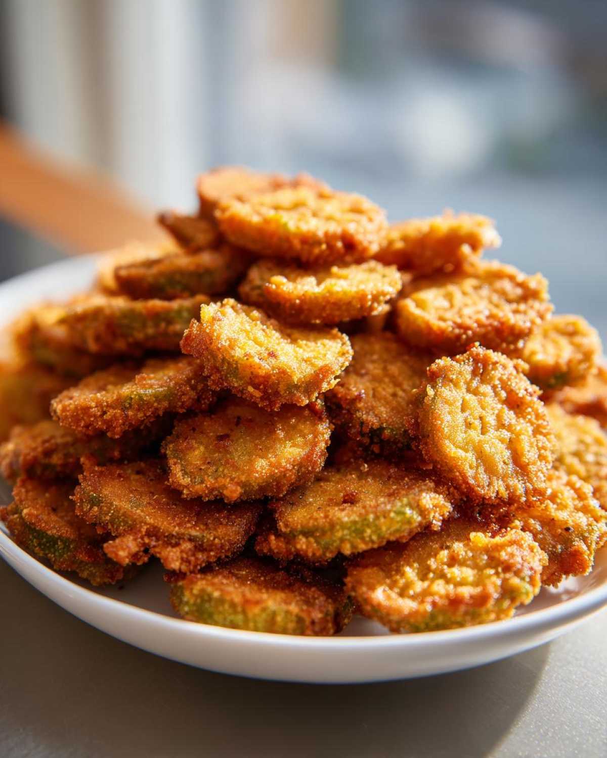 A large mound of perfectly golden and crispy fried okra piled high on a white plate.
