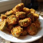 A close-up of a mound of golden brown, crispy fried okra pieces piled high on a white plate.