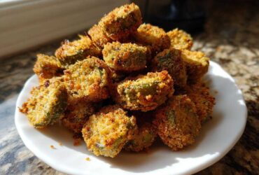A close-up of a mound of golden brown, crispy fried okra pieces piled high on a white plate.