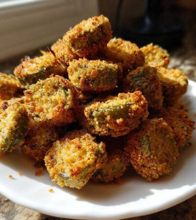 A close-up of a mound of golden brown, crispy fried okra pieces piled high on a white plate.