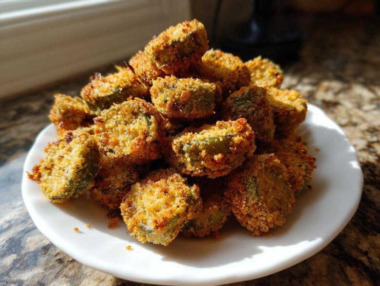A close-up of a mound of golden brown, crispy fried okra pieces piled high on a white plate.