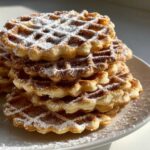 A tall stack of golden brown, crisp pizzelle cookies generously dusted with white powdered sugar.
