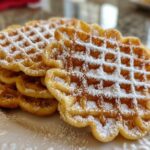 A stack of golden brown, crispy pizzelle cookies dusted generously with white powdered sugar.