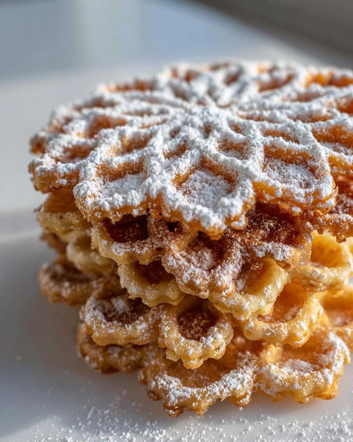 A close-up stack of golden brown pizzelle cookies heavily dusted with white powdered sugar.