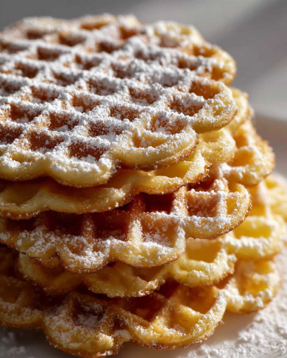 Close-up of a tall stack of golden, crisp pizzelle cookies generously dusted with powdered sugar.