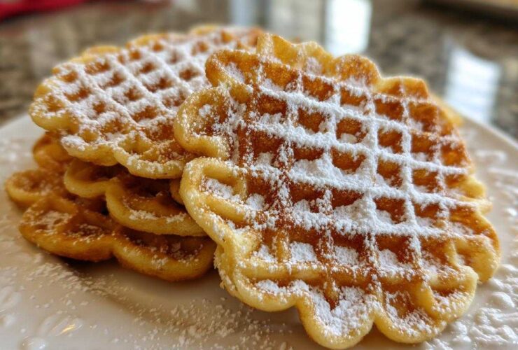 A stack of golden brown, crispy pizzelle cookies dusted generously with white powdered sugar.