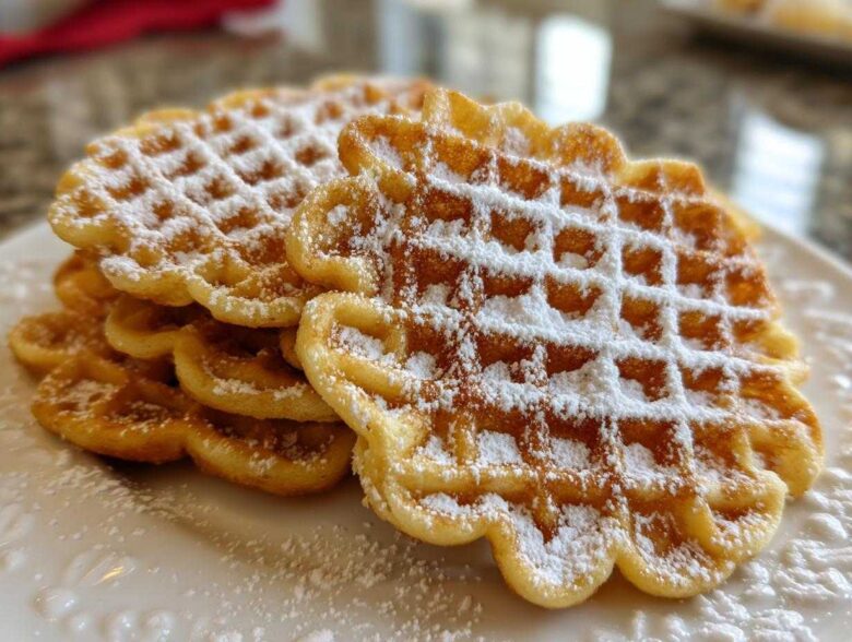 A stack of golden brown, crispy pizzelle cookies dusted generously with white powdered sugar.