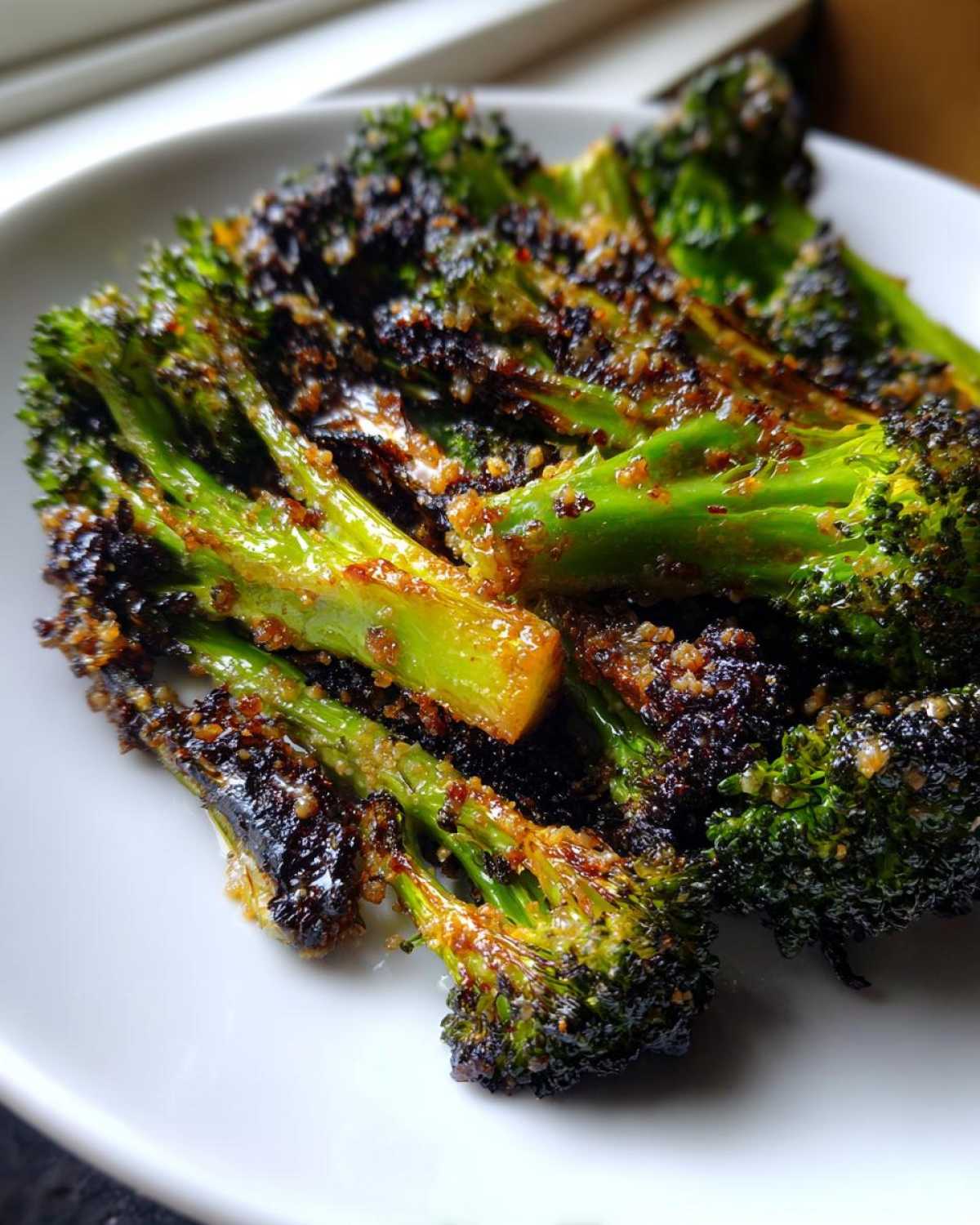 Close-up of perfectly crisp roasted broccoli florets with dark, caramelized edges served on a white plate.