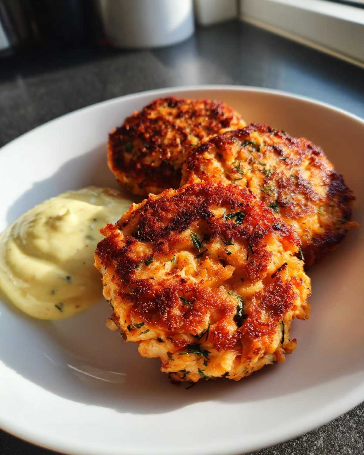 Three golden-brown, crispy salmon cakes served on a white plate next to a dollop of creamy dill aioli.