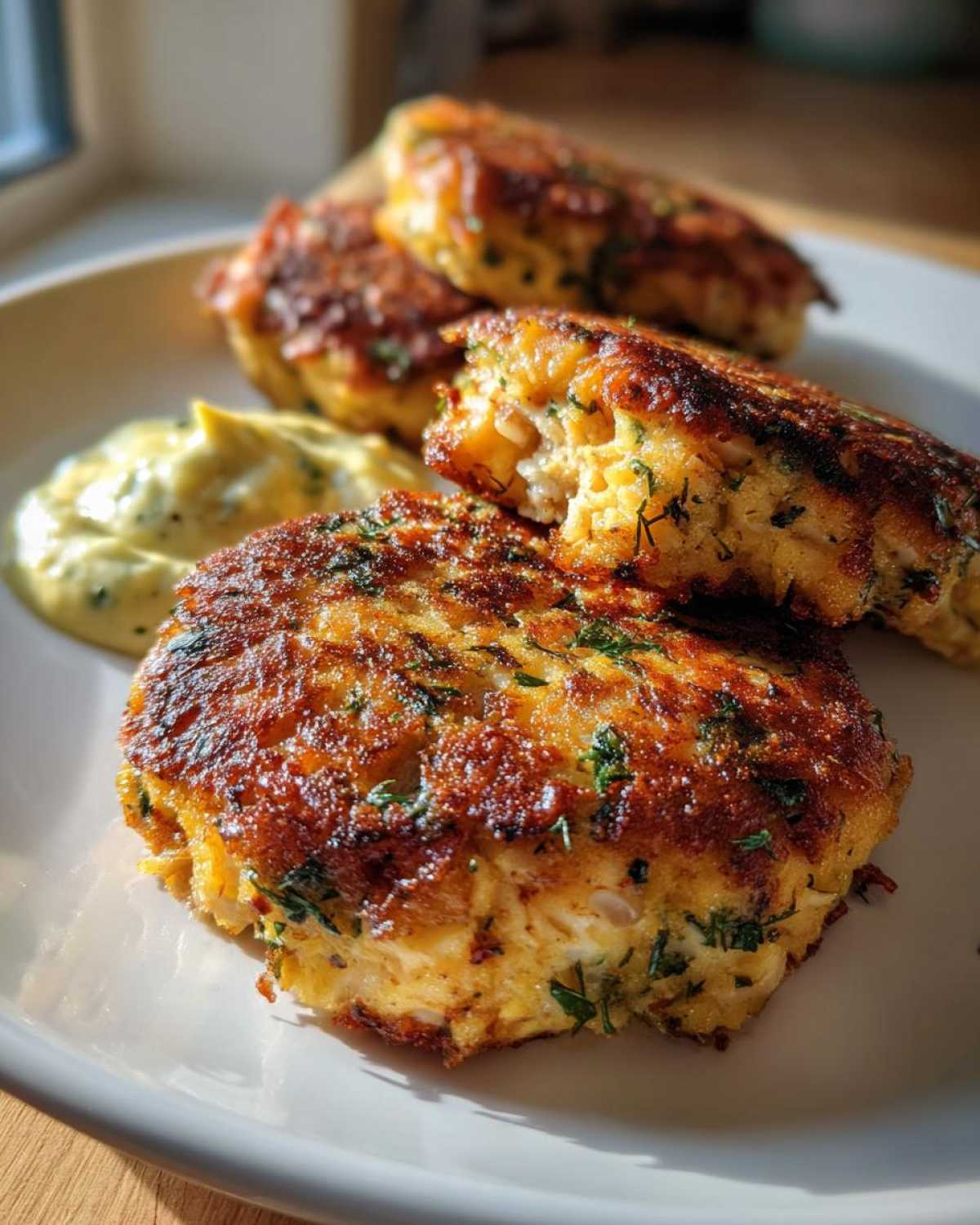 Close-up of golden brown, crispy salmon cakes served on a white plate with a dollop of creamy dill aioli.