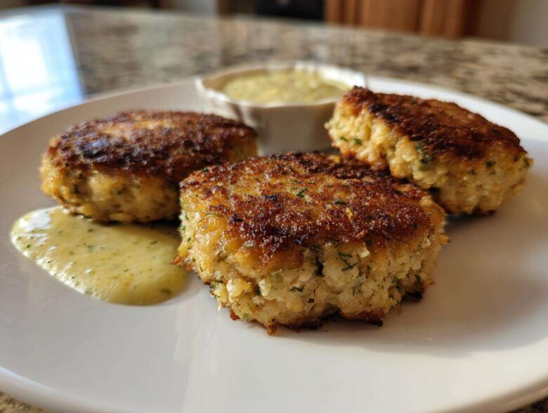 Three golden-brown, pan-fried salmon cakes served with a side of creamy dill sauce.