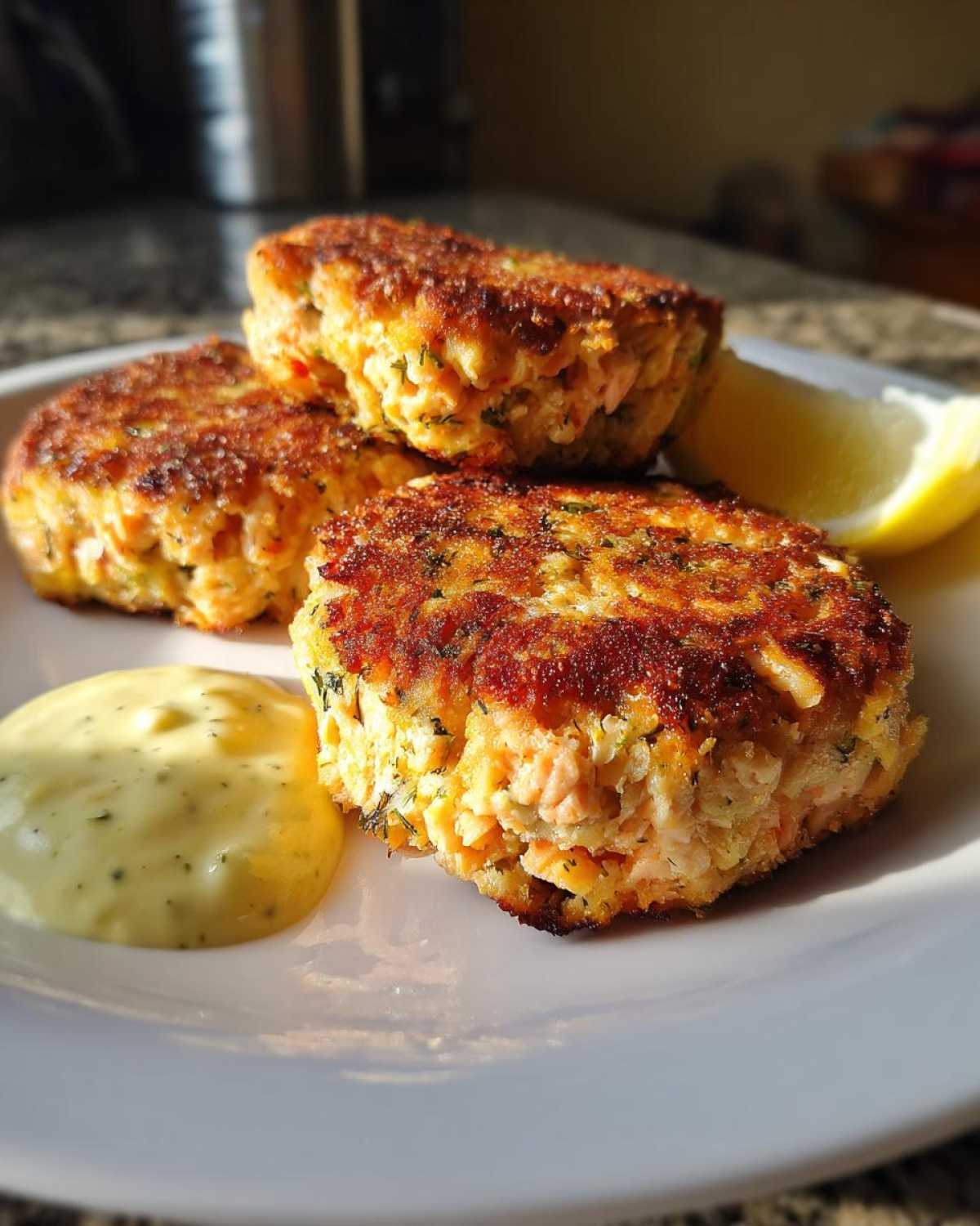 Three golden brown, crispy salmon cakes served on a white plate with a dollop of tartar sauce and a lemon wedge.