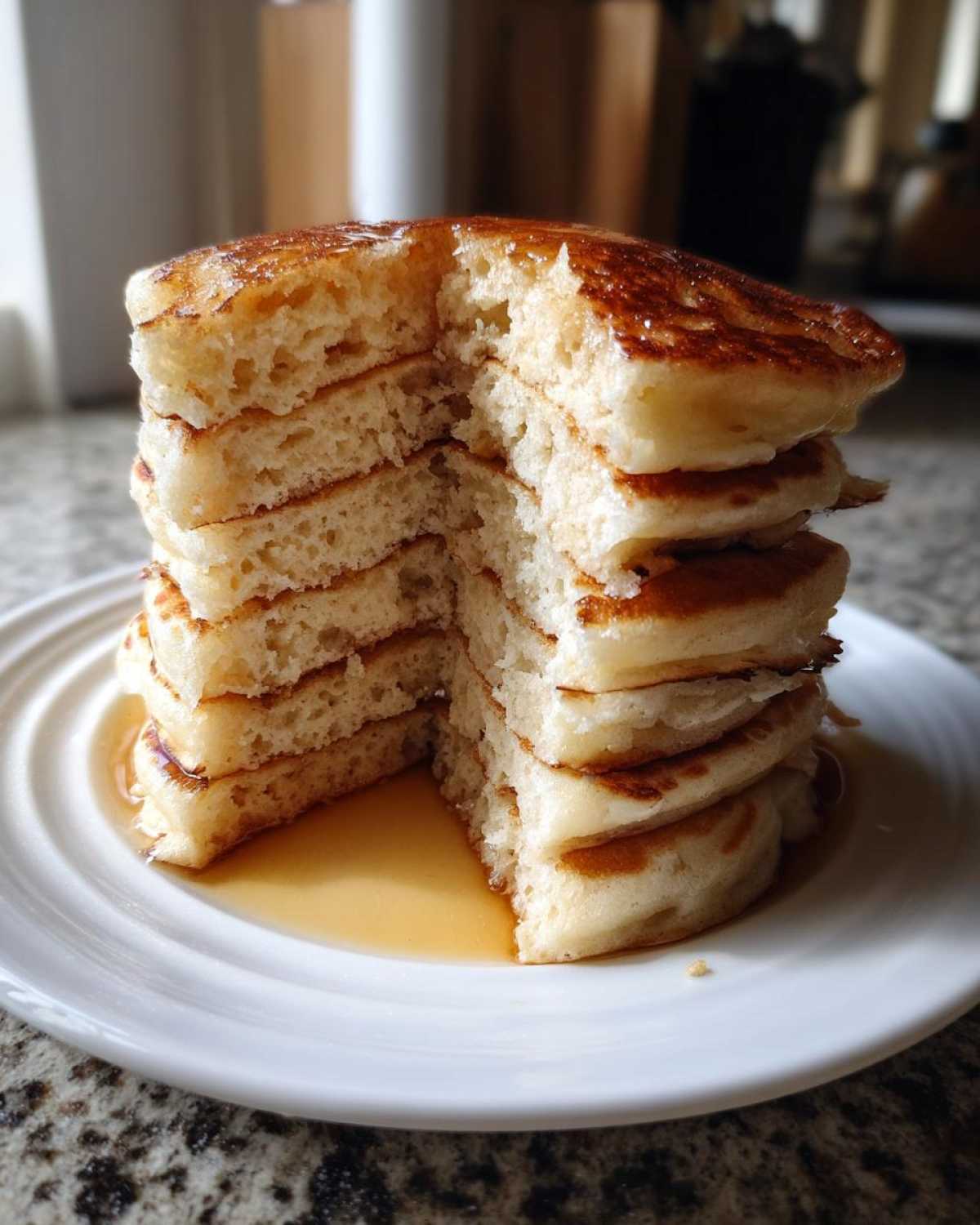 A tall stack of incredibly fluffy pancakes with a piece cut out, showing the airy interior and drizzled with syrup.