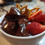 A piece of food being dipped into smooth, melted chocolate fondue, garnished with fresh strawberries and pretzels.