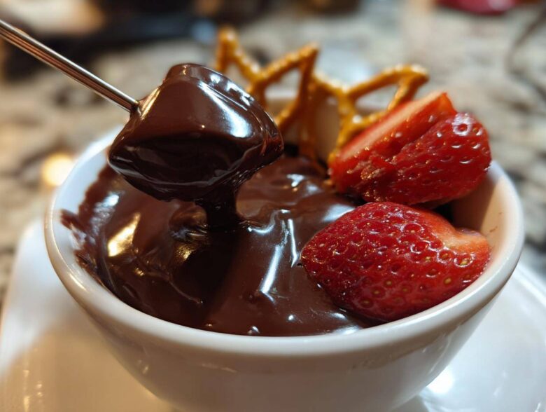 A piece of food being dipped into smooth, melted chocolate fondue, garnished with fresh strawberries and pretzels.
